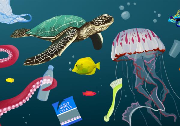 Ocean creatures and plastic floating