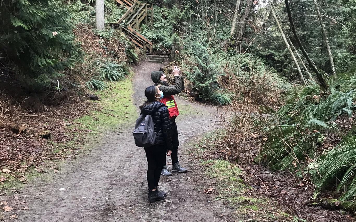 Students assessing slope stability in Sealand Park on GEOL 312 Field trip